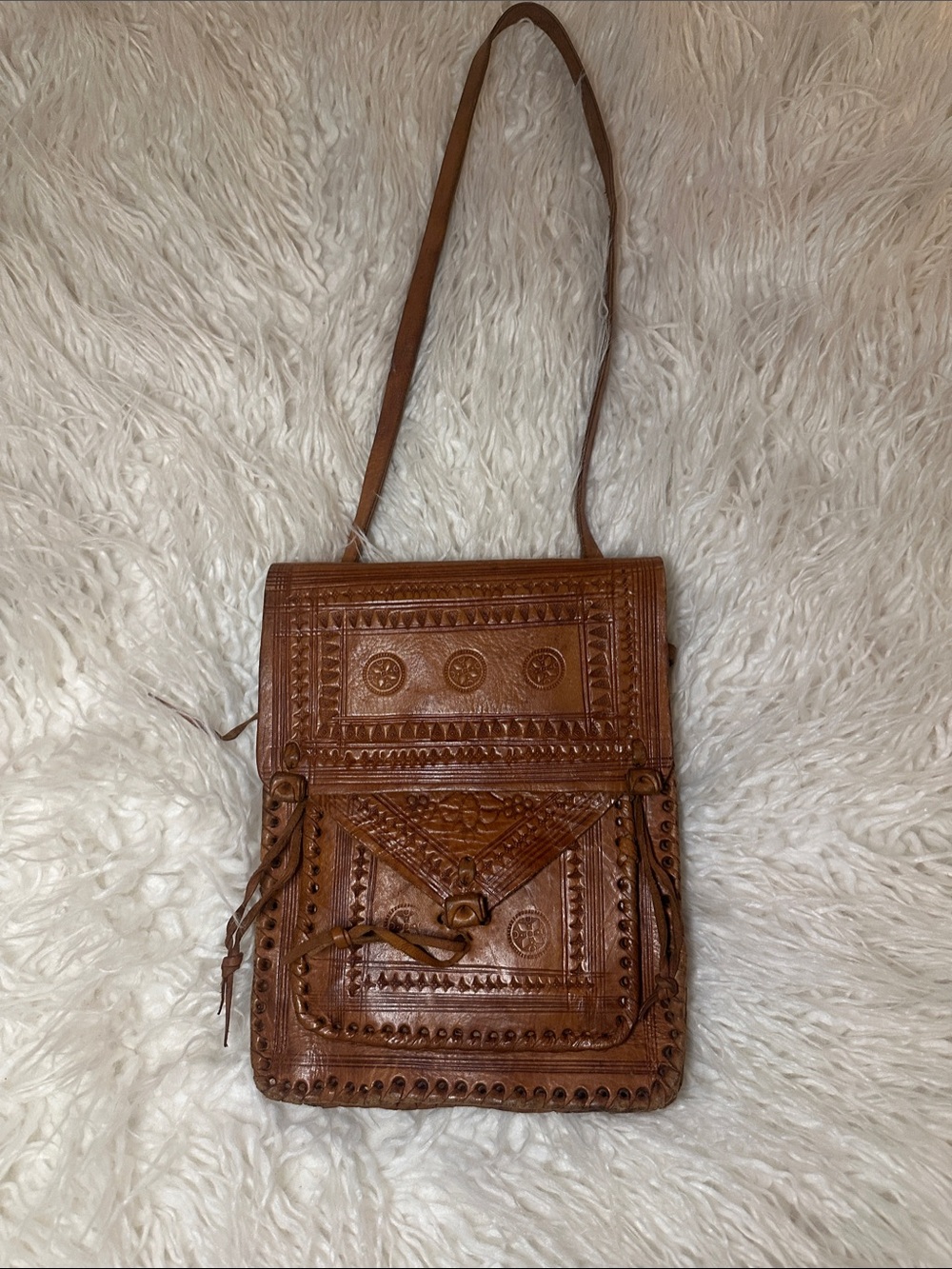 Irish Artisan Embossed Tan Leather Crossbody Bag